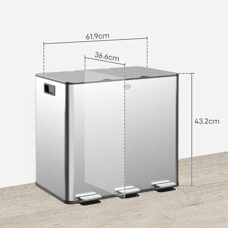 3 x 15L Steel Pedal Bin Set - Triple Kitchen Trash Can with Soft Close Lid, Removable Buckets, Fingerprint-Proof Silver