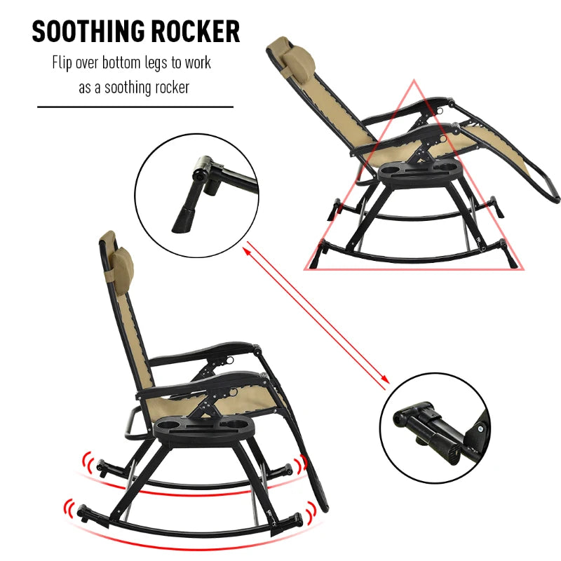 Beige Folding Rocking Sun Lounger Chair with Headrest and Side Holder
