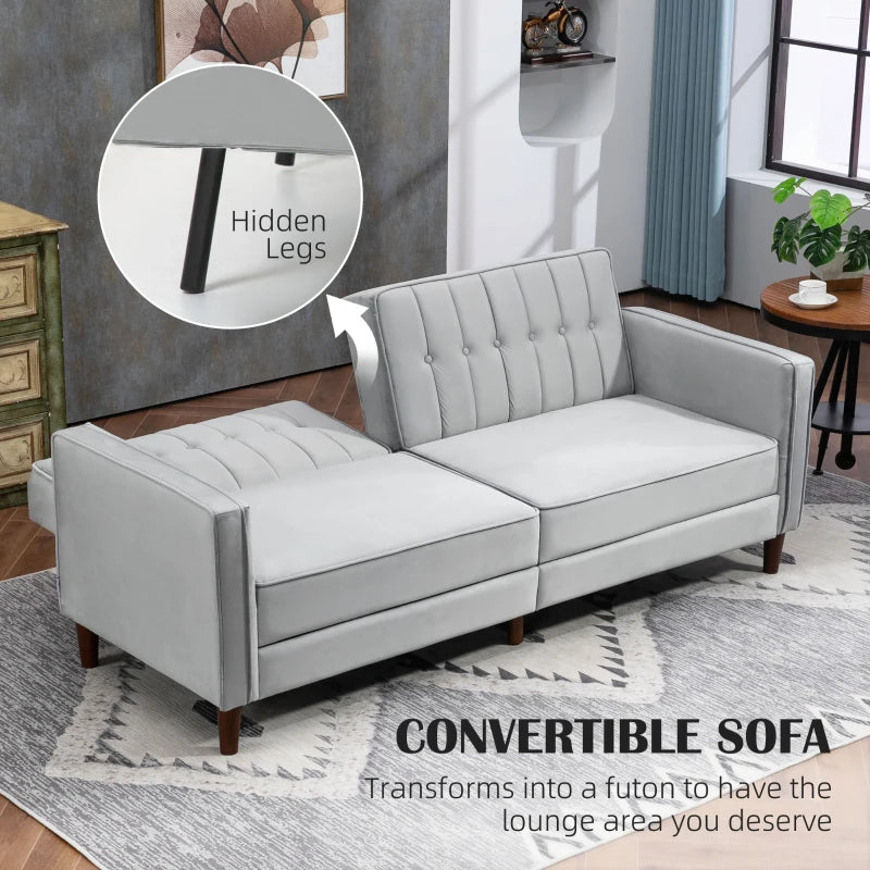 Modern Convertible Velvet Sofa Bed with Tufted Design, Compact Loveseat and Adjustable Split Back in Light Grey