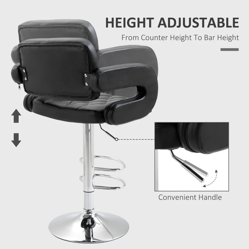 Height Adjustable PU Leather Swivel Bar Stool with Back Armrest and Footrest in Black