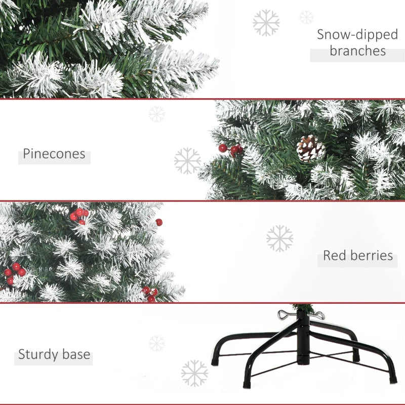 6FT Artificial Christmas Pencil Tree with Red Berries & Pinecones - Foldable Indoor Holiday Decoration, Green Xmas Tree