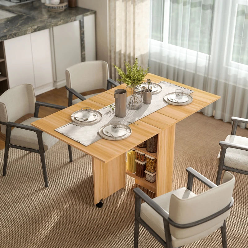 Folding Dining Table with Drop Leaf - Space-Saving Rectangular Tabletop & Storage Shelves for Kitchen & Dining Room - Teak Finish