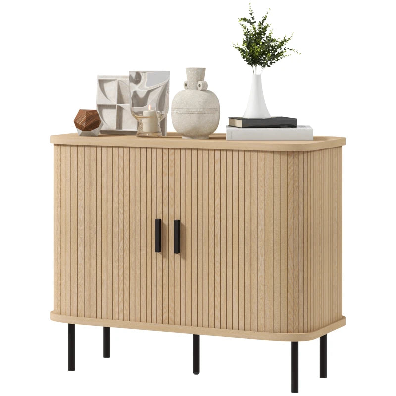 Mid-Century Modern Sideboard Storage Cabinet with Sliding Doors and Steel Legs in Oak Tone