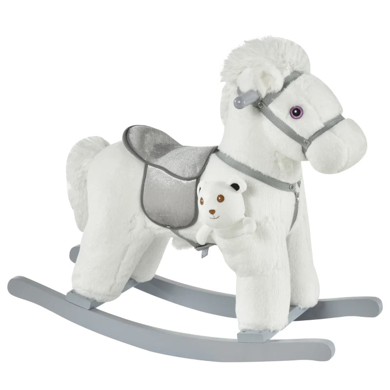 Kids Plush Ride-On Rocking Horse Toy with Realistic Sounds - Soft Plush Rocker for Toddlers 18-36 Months - White
