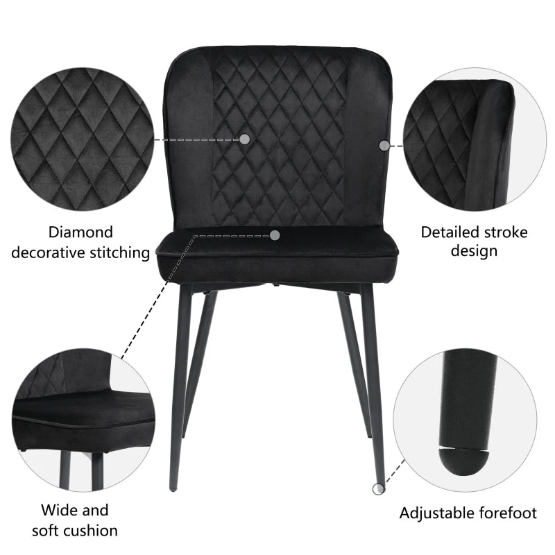 Set of 2 Velvet Black Dining Chairs with Metal Legs, Wing Back Upholstered Accent Chairs for Dining Room, 47x43x86 cm