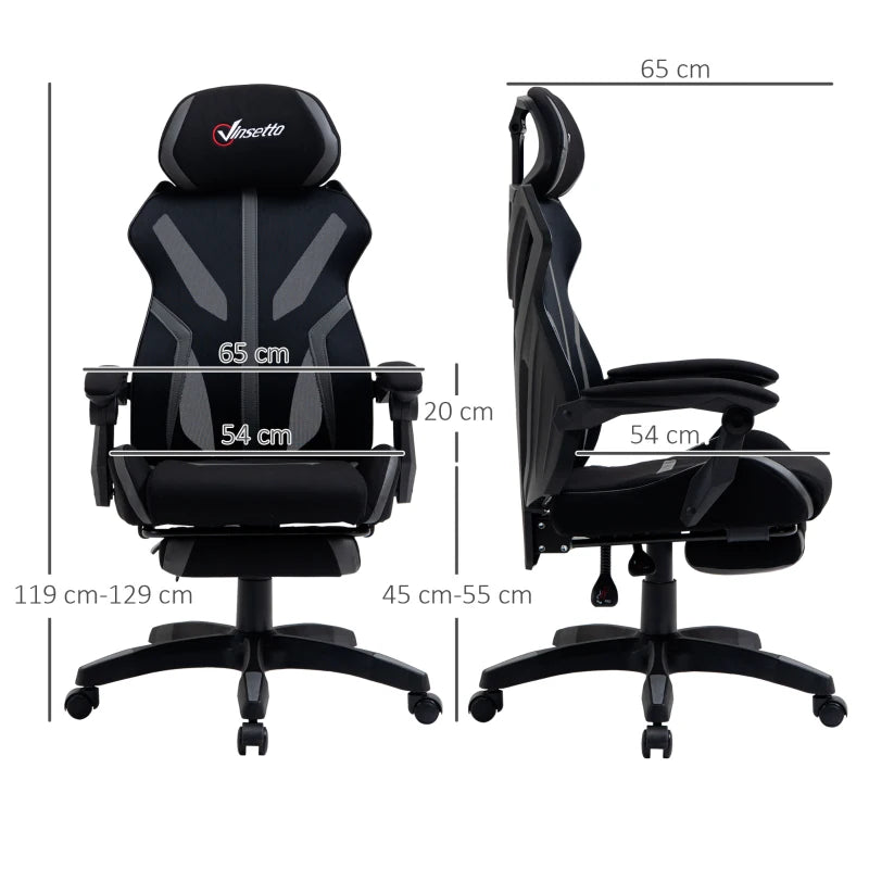 Vinsetto Ergonomic Mesh Office Chair with Footrest & Lumbar Support - Adjustable Height, Swivel Wheels, Black Grey