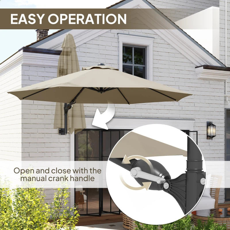 3m Wall-Mounted Parasol Shade with Handle - Outdoor Patio Umbrella in Khaki