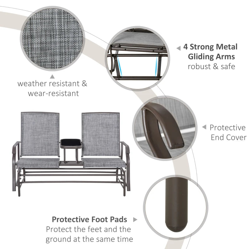 Metal Garden Glider Loveseat with Glass Table, 2 Seats, Brown/Grey