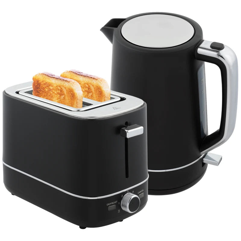 Premium Black Kettle and Toaster Set - 1.7L Fast Boil 3000W Kettle & 2 Slice Toaster with 6 Browning Levels
