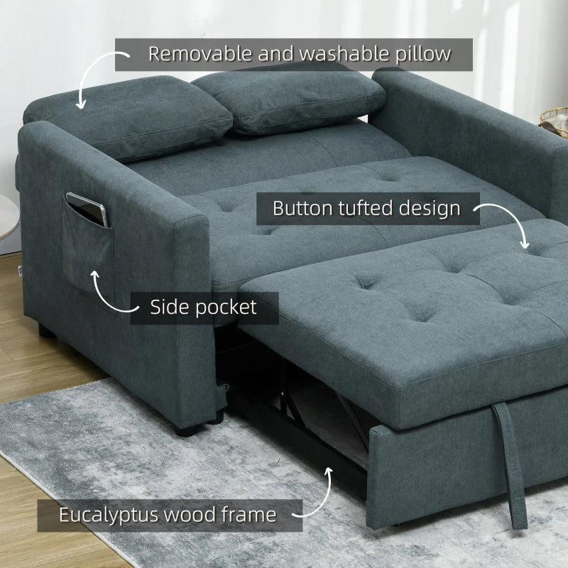 Charcoal Grey Loveseat Sofa Bed with Cushions and Side Pockets for Living Room
