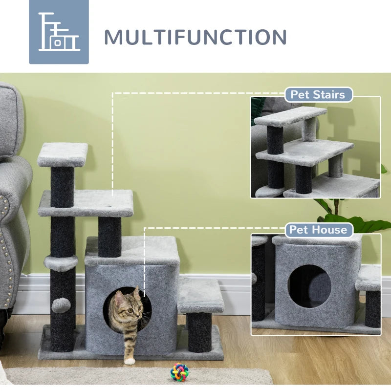 Adjustable Cat Steps with House & Hanging Toy Ball - Grey | Perfect for Cats of All Sizes