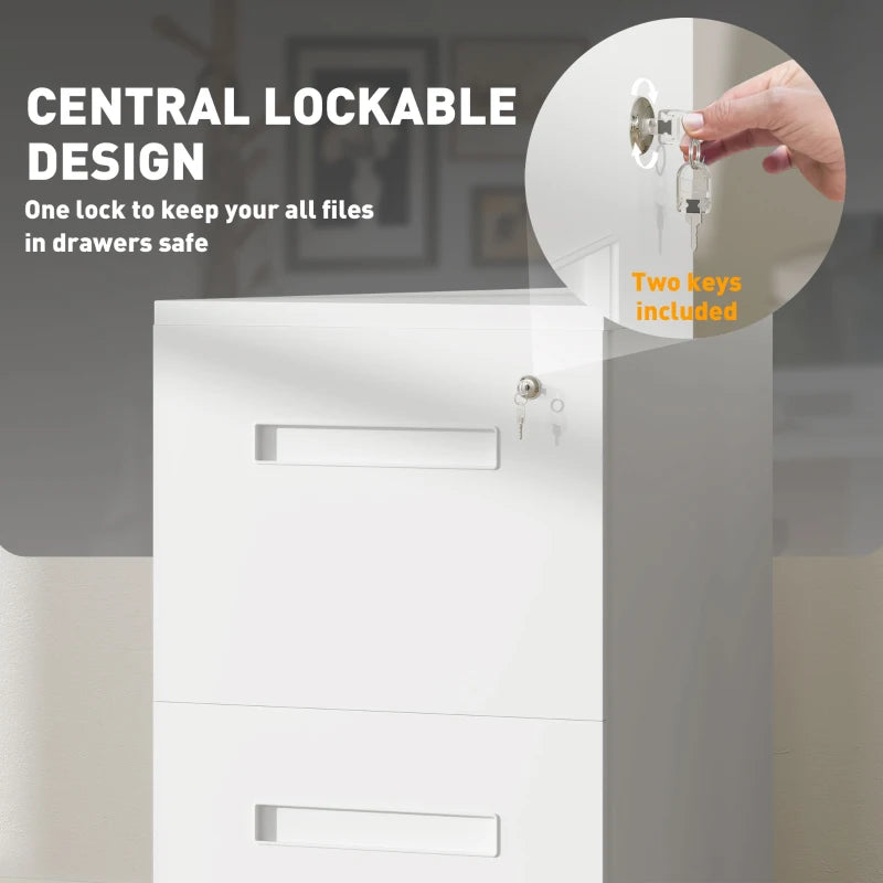 Vinsetto Lockable Metal Mobile File Cabinet with Wheels - 2 Drawer Compact Under Desk Storage for A4 & Legal Files, White