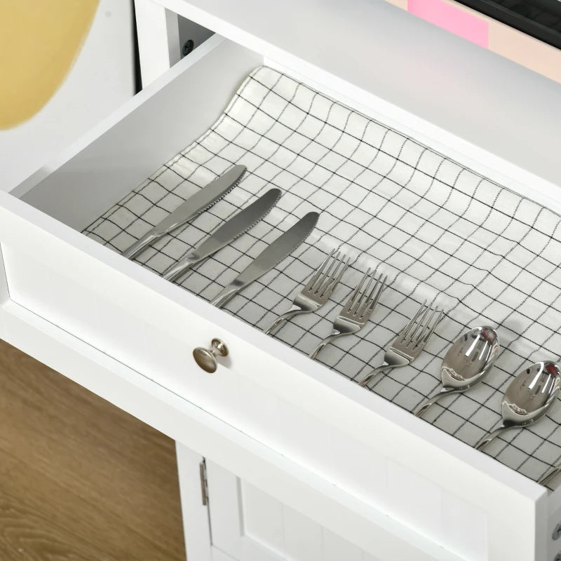 Stylish White Wooden Kitchen Cupboard with Glass Door, Drawer & Microwave Space - Perfect Storage Cabinet for Dining & Living Room