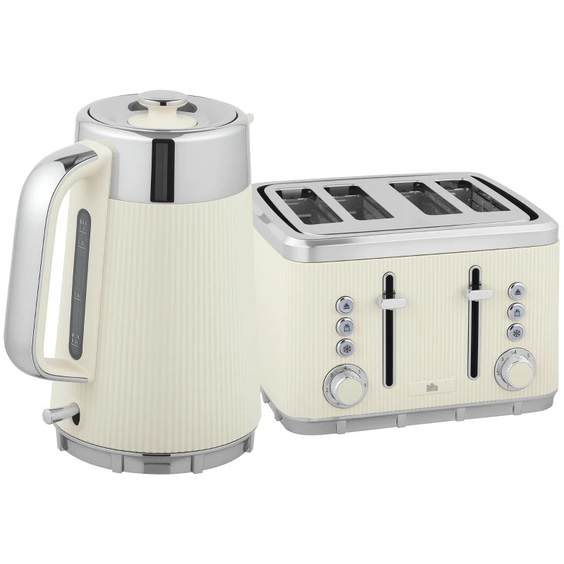 Electric Stainless Steel Kettle & Toaster Set - 3000W Fast Boil, 1.7L, UK Strix Thermostat, 4 Slice, Cream Finish