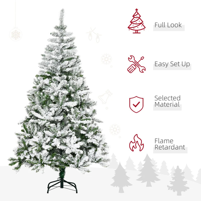 6 Ft Snow Flocked Artificial Christmas Tree - Realistic Pine with Auto Open & Steel Base - Festive Green Decor