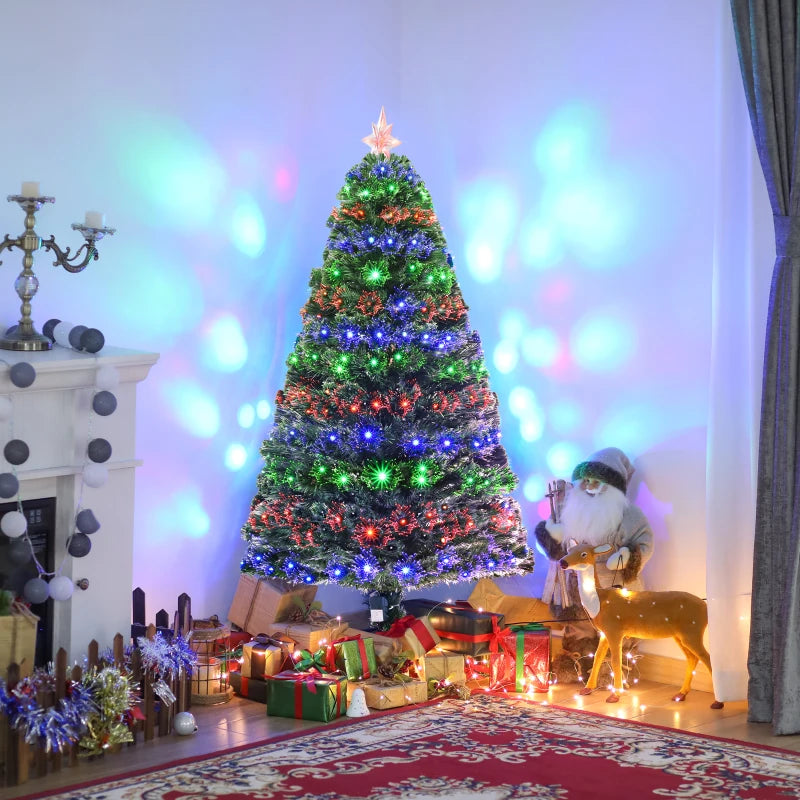 5ft Prelit Artificial Christmas Tree with Multi-Colored Fiber Optic LED Lights - Festive Holiday Home Decoration, Green Xmas Tree