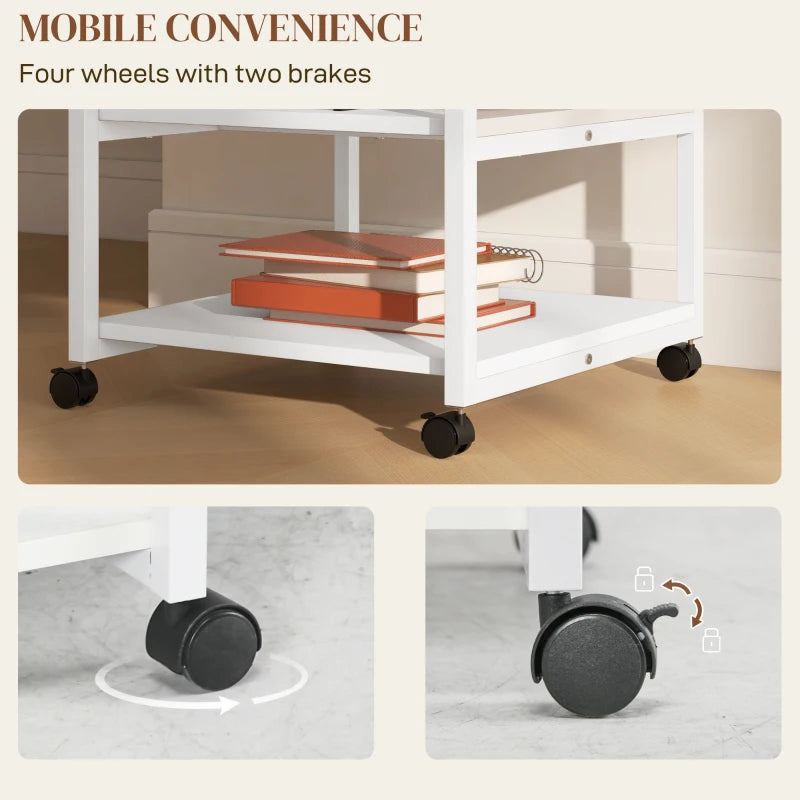 Three-Tier White Steel Printer Stand on Wheels - Mobile Storage Solution for Home Office & Workspace Organization