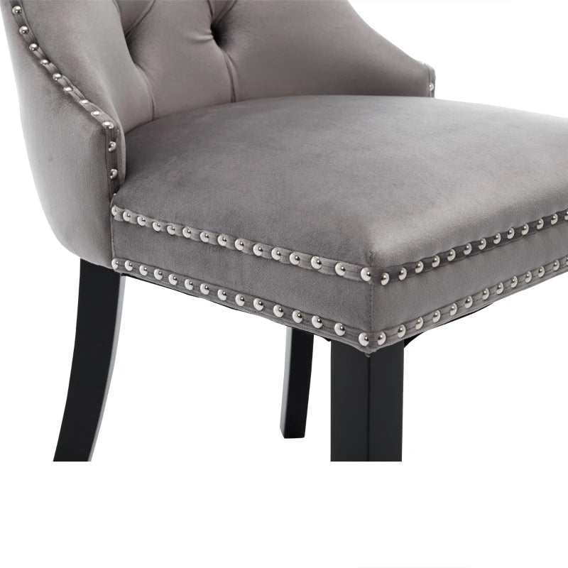 Set of 2 Grey Velvet Dining Chairs with Knocker Ring, Button Tufted Backrest & Rubber Wood Legs - Stylish & Comfortable
