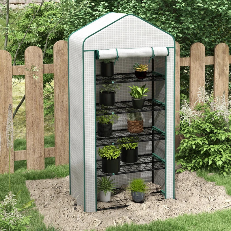 Portable White 5 Tier Mini Greenhouse with Roll-up Door, 193H x 90W x 49Dcm