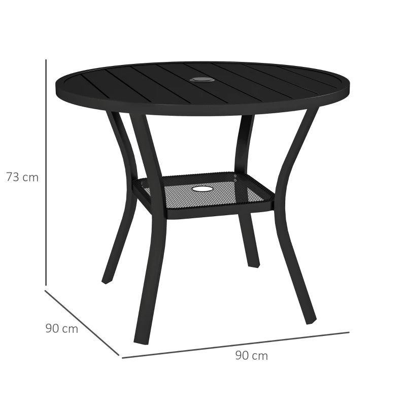 90 cm Round Black Garden Dining Table with 4-5 cm Parasol Hole, Steel Slatted Top and Wire Shelf for Outdoor Balcony and Porch