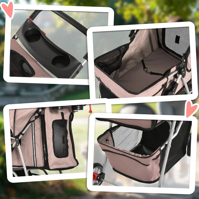 Foldable Pet Stroller for Small Dogs & Cats - Travel Carriage with Wheels, Zipper Entry, Cup Holder & Storage Basket - Brown