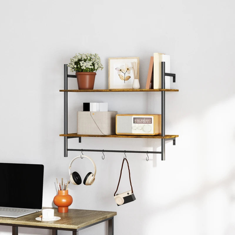 Rustic Wall Mounted Floating Shelves with 4 Hooks - Stylish Shelf Unit for Living Room & Entryway - Rustic Brown Finish