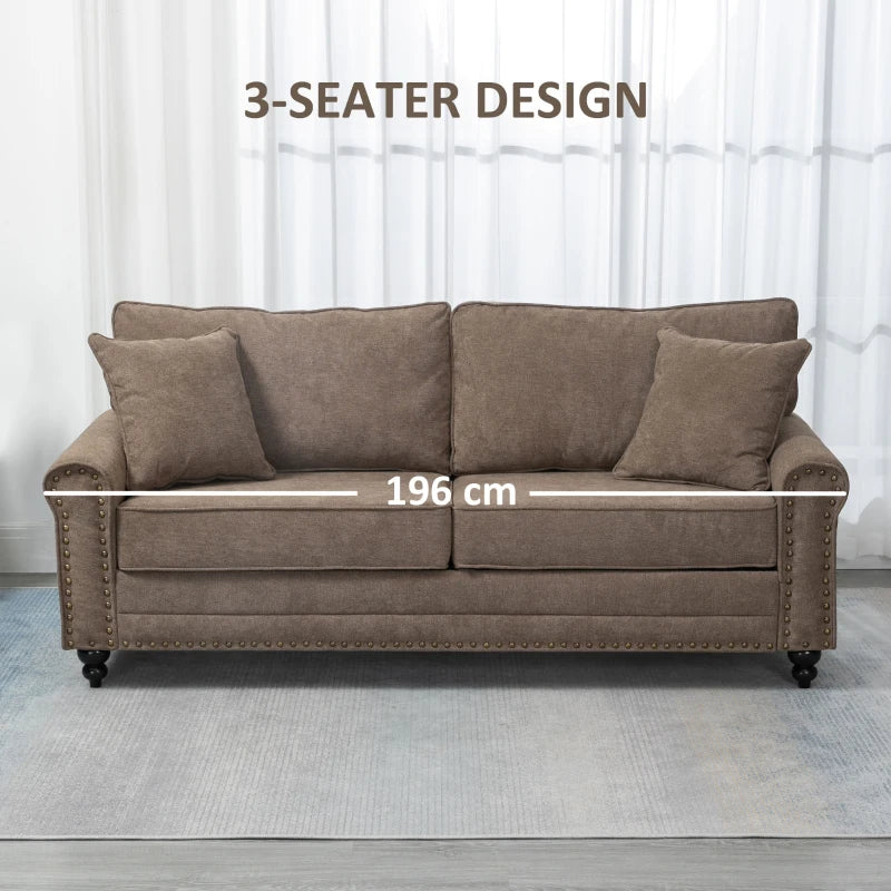 Stylish 3 Seater Fabric Sofa with Rubber Wood Legs and Extra Cushions for Living Room, Brown, 196W x 80.5D x 89H cm