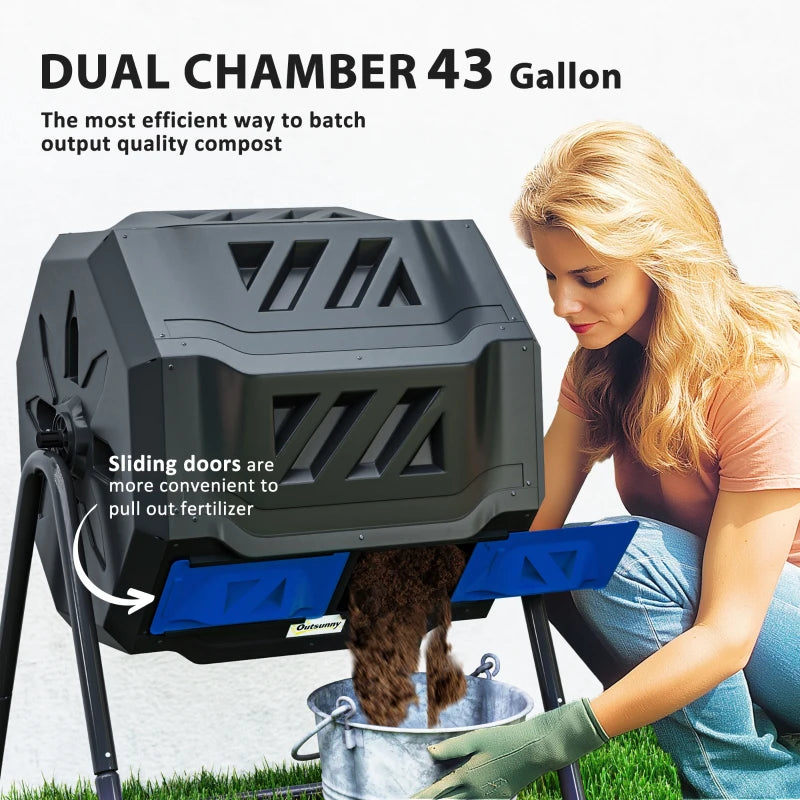 Blue Dual Chamber 160L Rotating Compost Bin for Garden