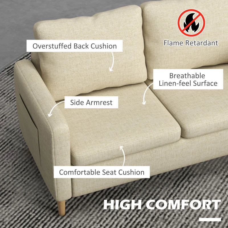 Modern Two-Seater Sofa for Living Room, Stylish Fabric Couch with Wooden Legs and Storage Pockets, Beige