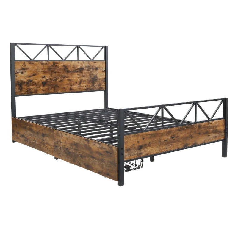 Sturdy Metal Double Bed with 2 Storage Drawers - Iron Frame & MDF, Black, 198L x 137W x 116H cm for Adults & Teens