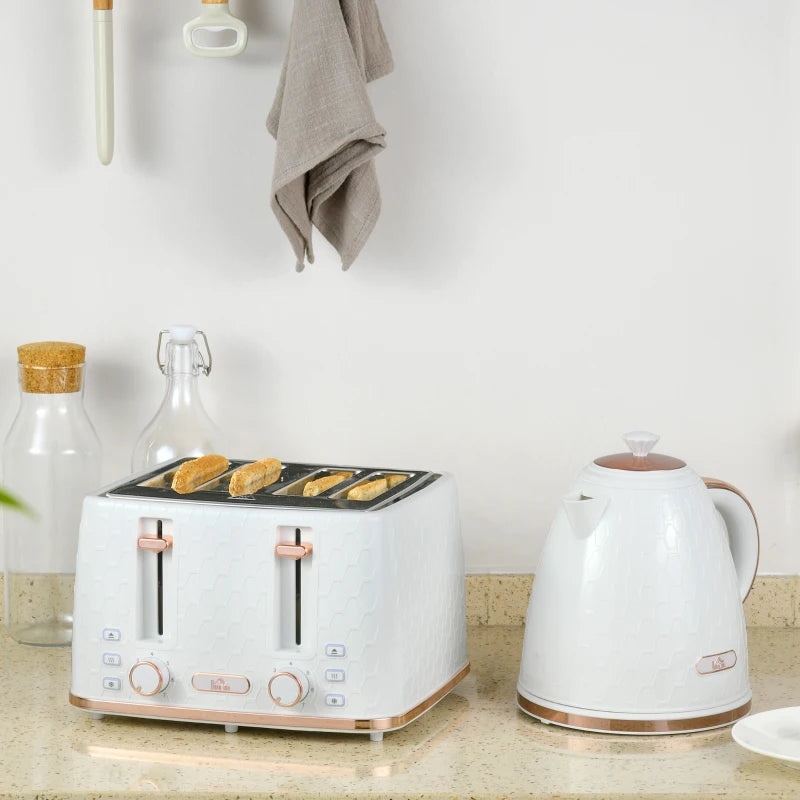 1.7L 3000W Fast Boil Kettle & 4 Slice Toaster Set - White, 7 Browning Controls, Crumb Tray, Kitchen Essentials