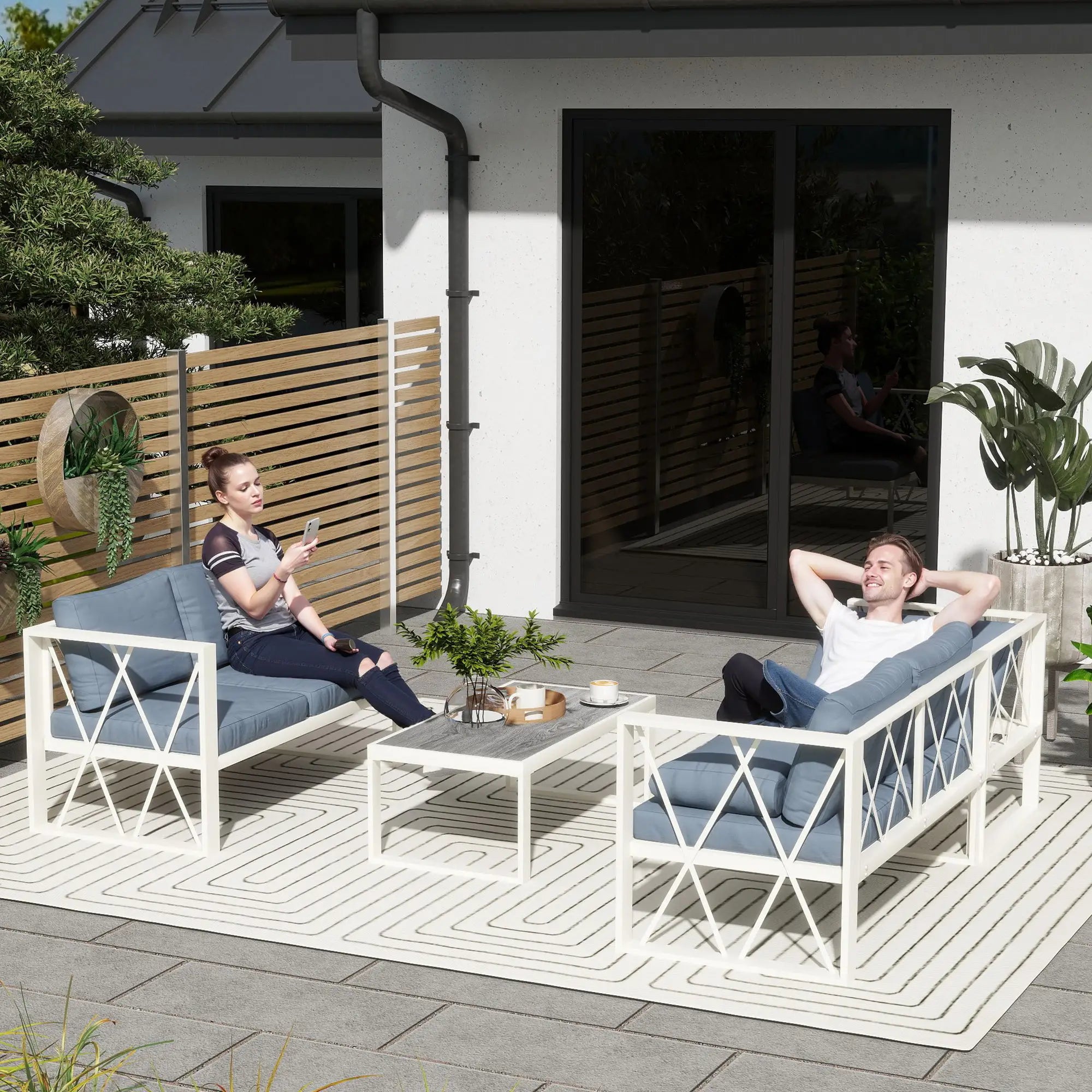 Light Coloured L Shaped Outdoor Sofa with 5-Level Adjustable Lounger - Blue Cushions