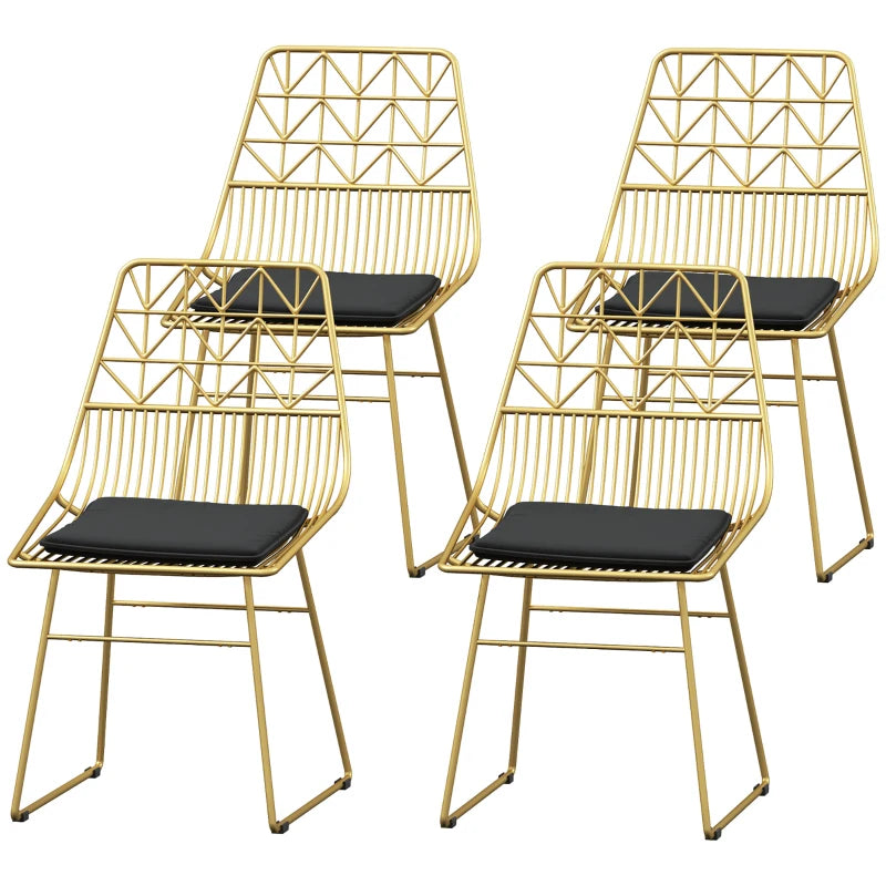 Luxurious Set of 4 Dining Chairs - Metal Wire Kitchen Chairs with Velvet Cushions, Cut-out Back & Gold Steel Frame