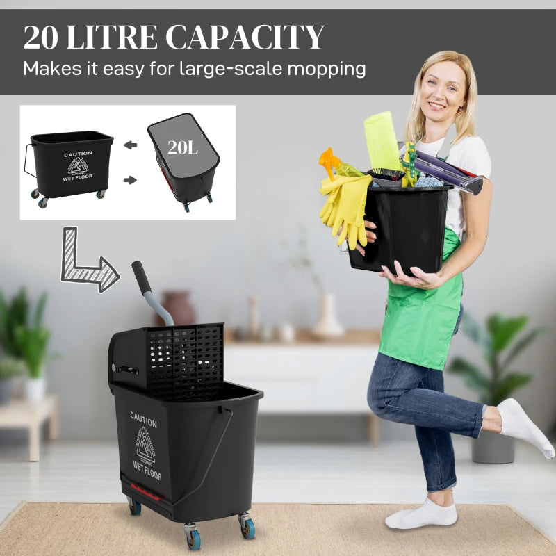 20L Compact Mop Bucket on Wheels with Water Separation Panel - Durable Black Cleaning Solution for Efficient Floor Care