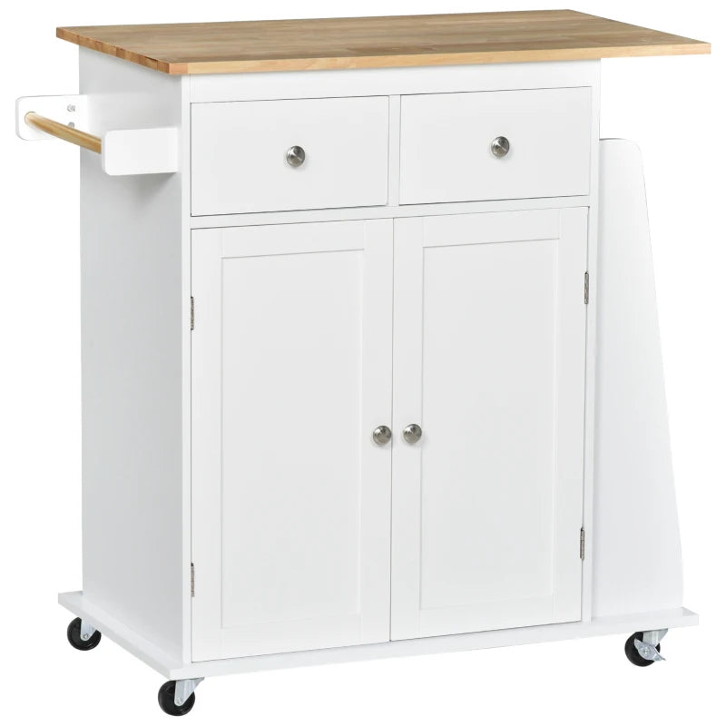 Mobile Kitchen Island on Wheels - Rolling Storage Trolley with Rubber Wood Top, 2-Door Cabinets, Adjustable Shelf & Spice Rack