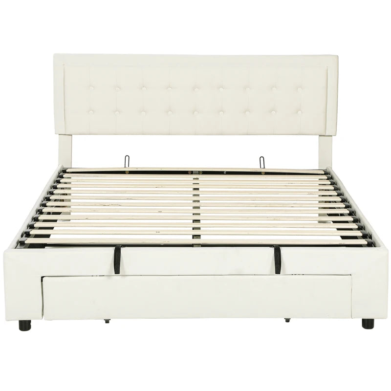 Luxury King Size Ottoman Bed Frame with Front Drawer - Elegant Cream Upholstery for Stylish Storage Solutions