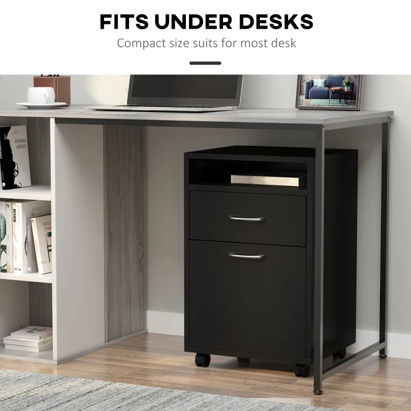 60cm Mobile Filing Cabinet with Drawer & Open Shelf, 4 Wheels, Metal Handles - Black Office Home Organizer for Printers