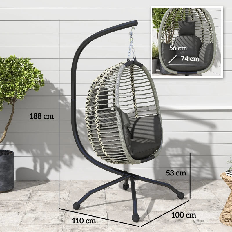 Outdoor Swing Chair - Dark Grey, Thick Padded Cushion, Foldable Metal Stand, Cup Holder, Indoor & Outdoor Use