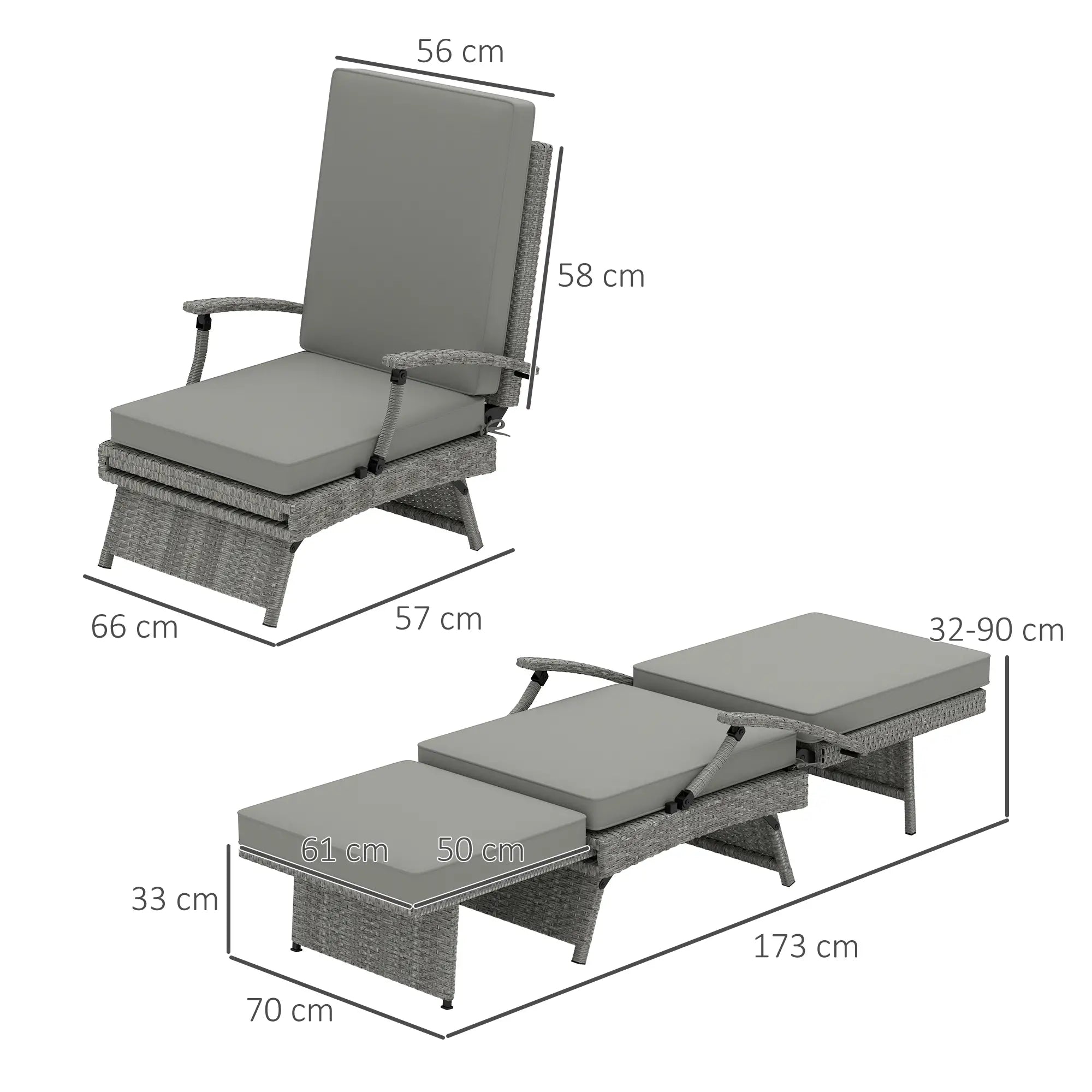 80° Reclining Rattan Lounger With Padded Cushions - Grey