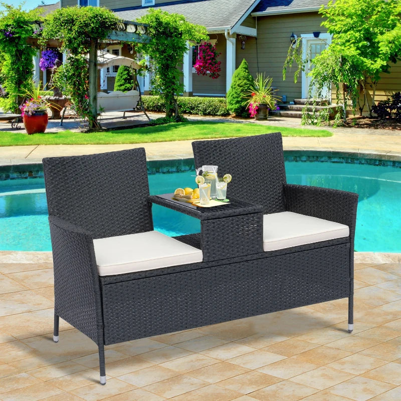 Black Rattan 2-Seater Outdoor Patio Loveseat with Drink Table