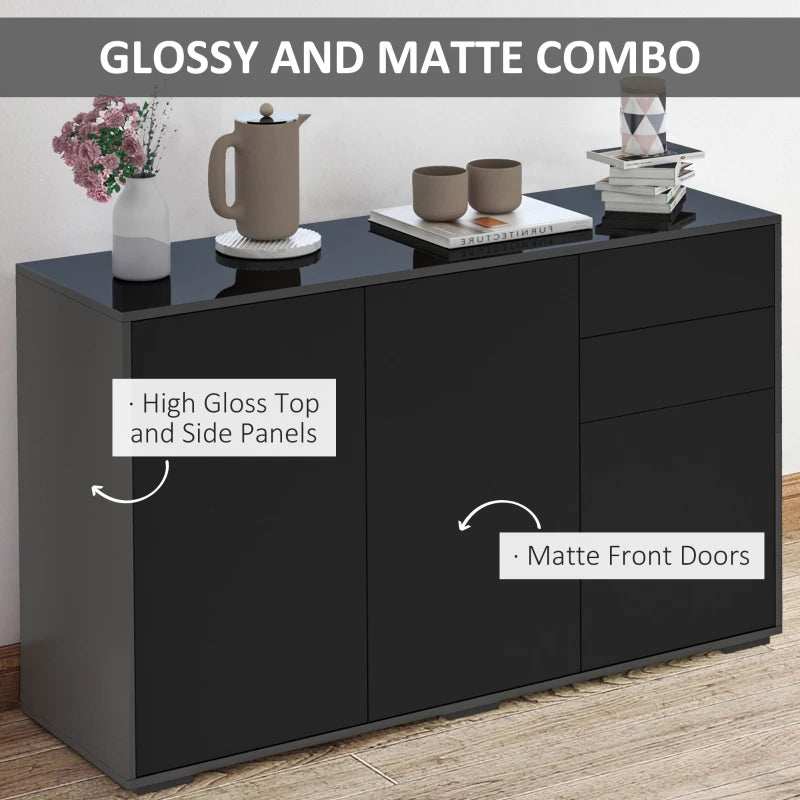 High Gloss Black Side Cabinet with Push-Open Design, 2 Drawers & 2 Cabinets for Living Room - 74H x 117W x 36Dcm