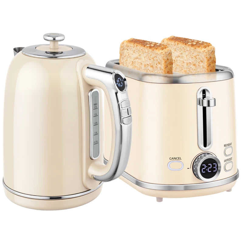 Polished Retro Cream Kettle and Toaster Set - Stylish 40-100°C Temperature Control for Modern Kitchens