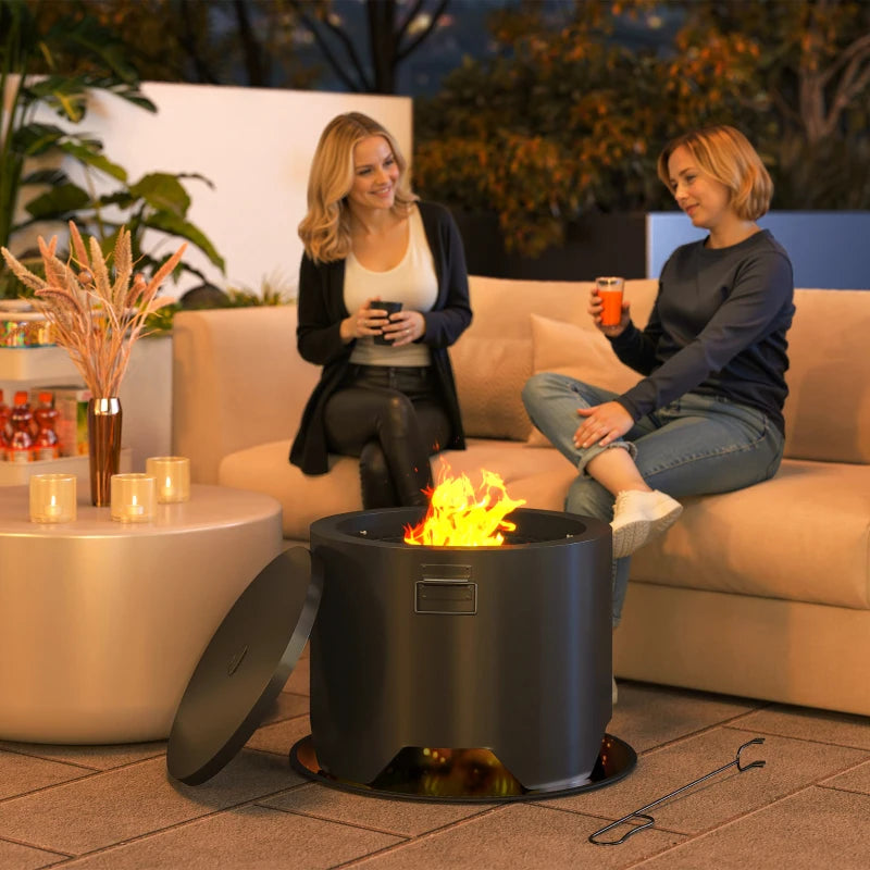 Outdoor Round Fire Pit with Lid & Poker - Durable Black Steel Design for Backyard Patio Heating & Ambiance