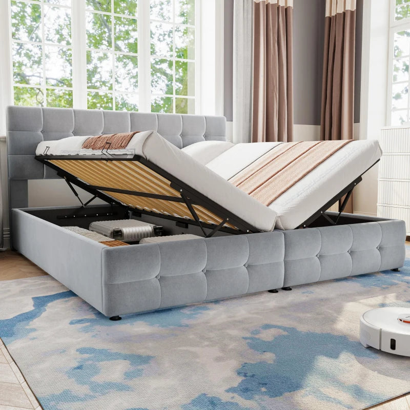 Velvet Upholstered Double Bed with Hydraulic Lift Storage Iron Frame Grey 197x181x105 cm