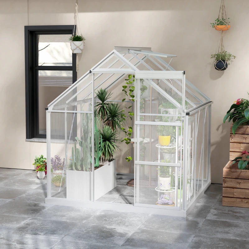 6x6ft Silver Polycarbonate Walk-In Greenhouse with Sliding Door
