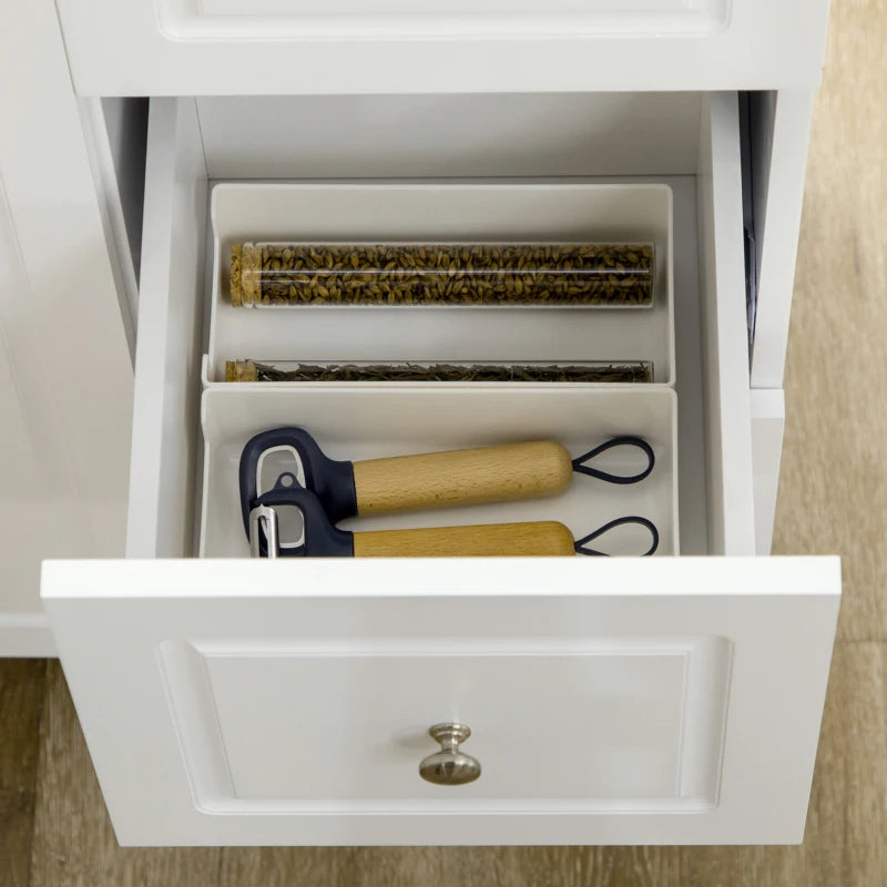 Drop-Leaf Kitchen Island on Wheels - Extendable Rubber Wood Worktop, Rolling Storage Trolley with Drawers & Cabinet, White