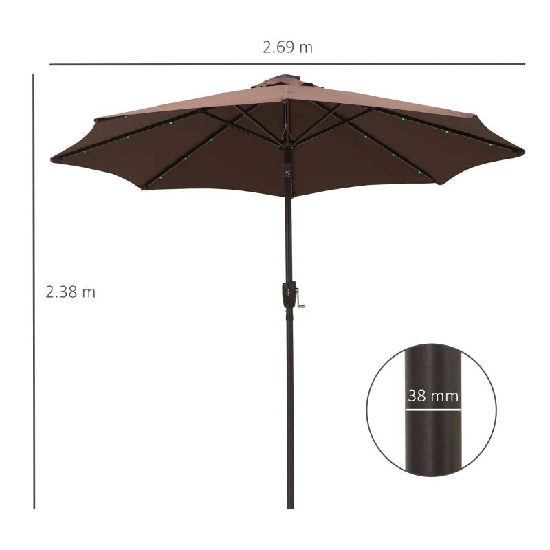 Brown Solar LED Light Tilt Patio Umbrella with Hand Crank - 2.7m