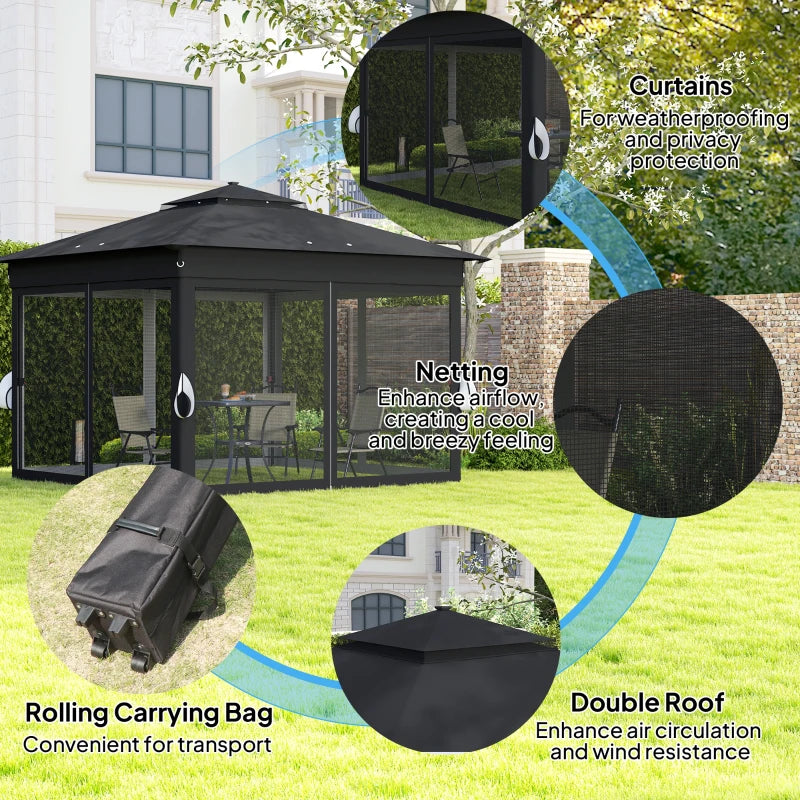 3m x 3m Black Pop Up Gazebo Party Tent with Solar-Powered LED Lights and Adjustable Netting