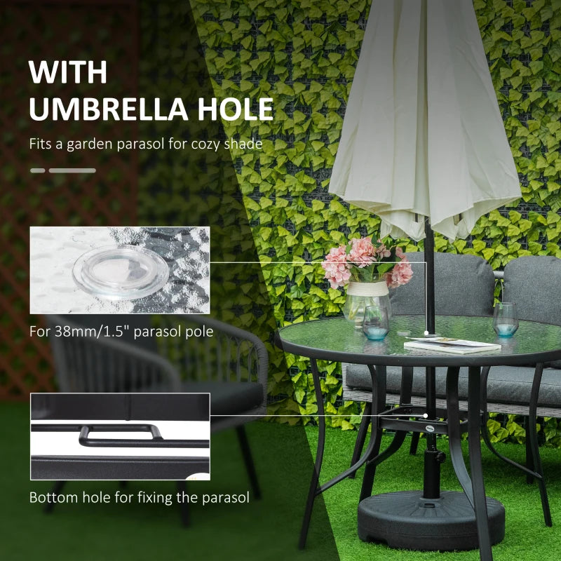 Round Garden Dining Table with Parasol Hole - Black Tempered Glass