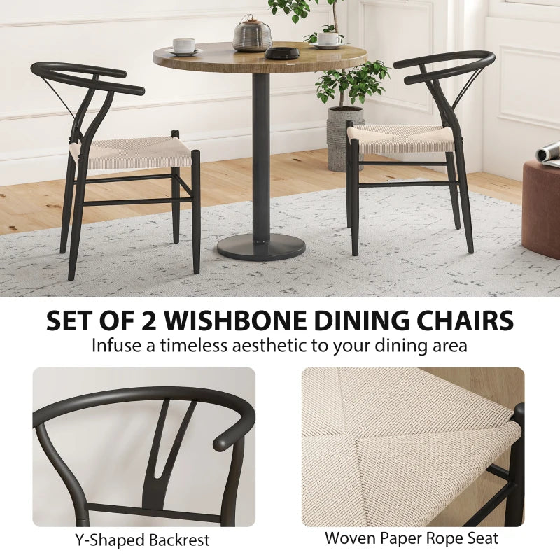 Set of 2 Modern Weave Dining Chairs with Y-Shaped Backrest and Hemp Seat - Black and Beige